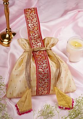 Magenta And Cream Pure Silk Potli Bag