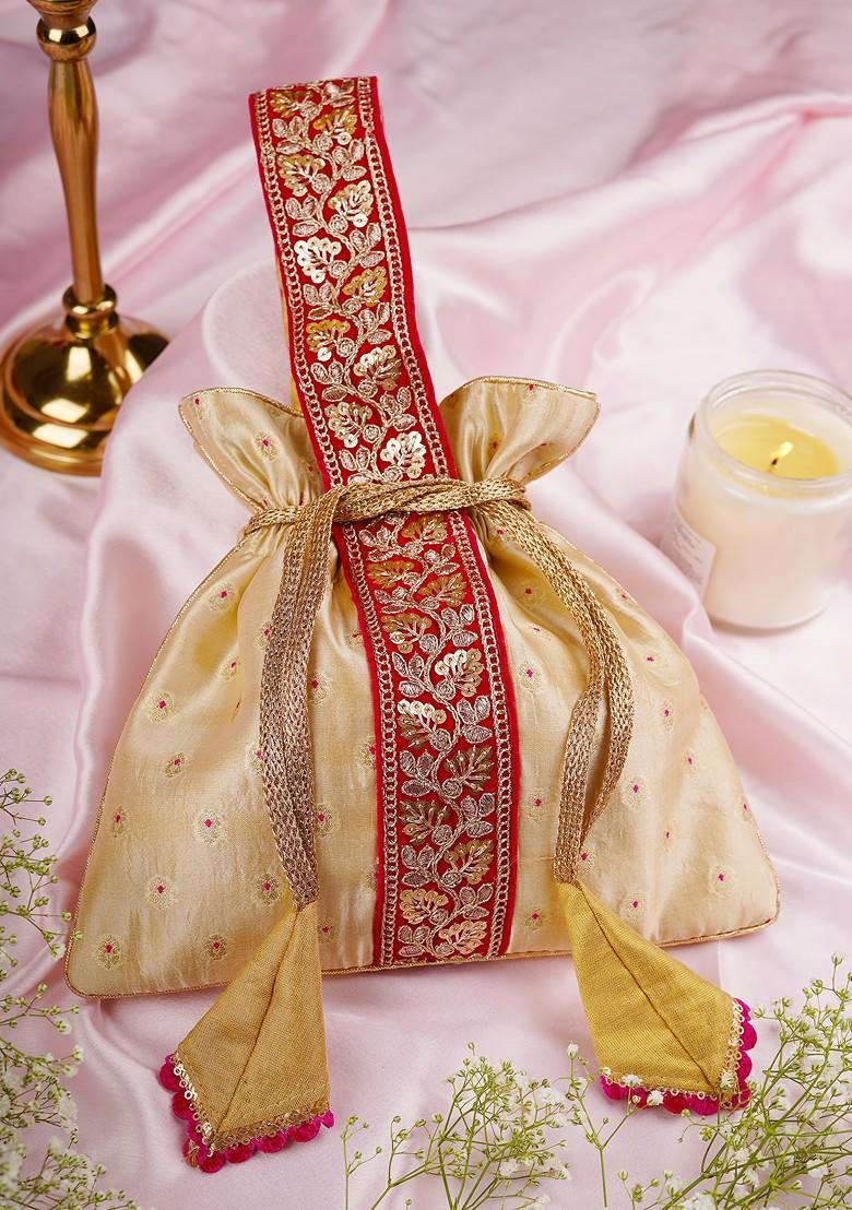 Magenta And Cream Pure Silk Potli Bag