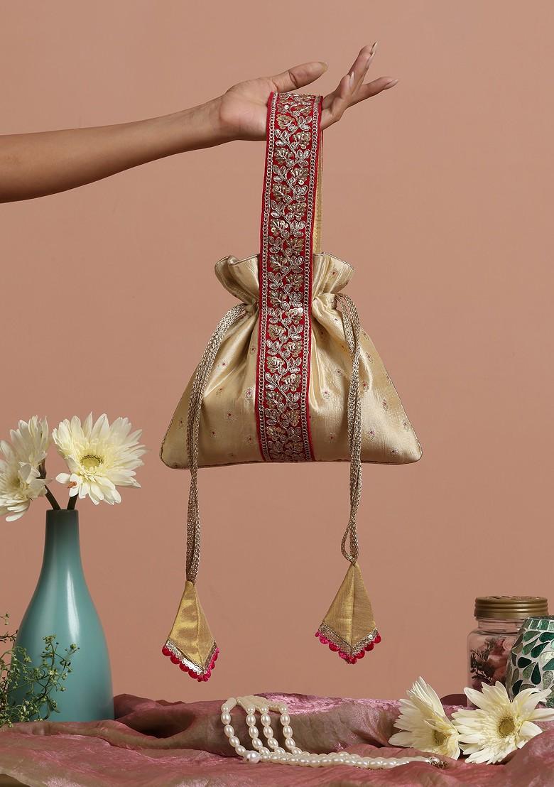 Magenta And Cream Pure Silk Potli Bag