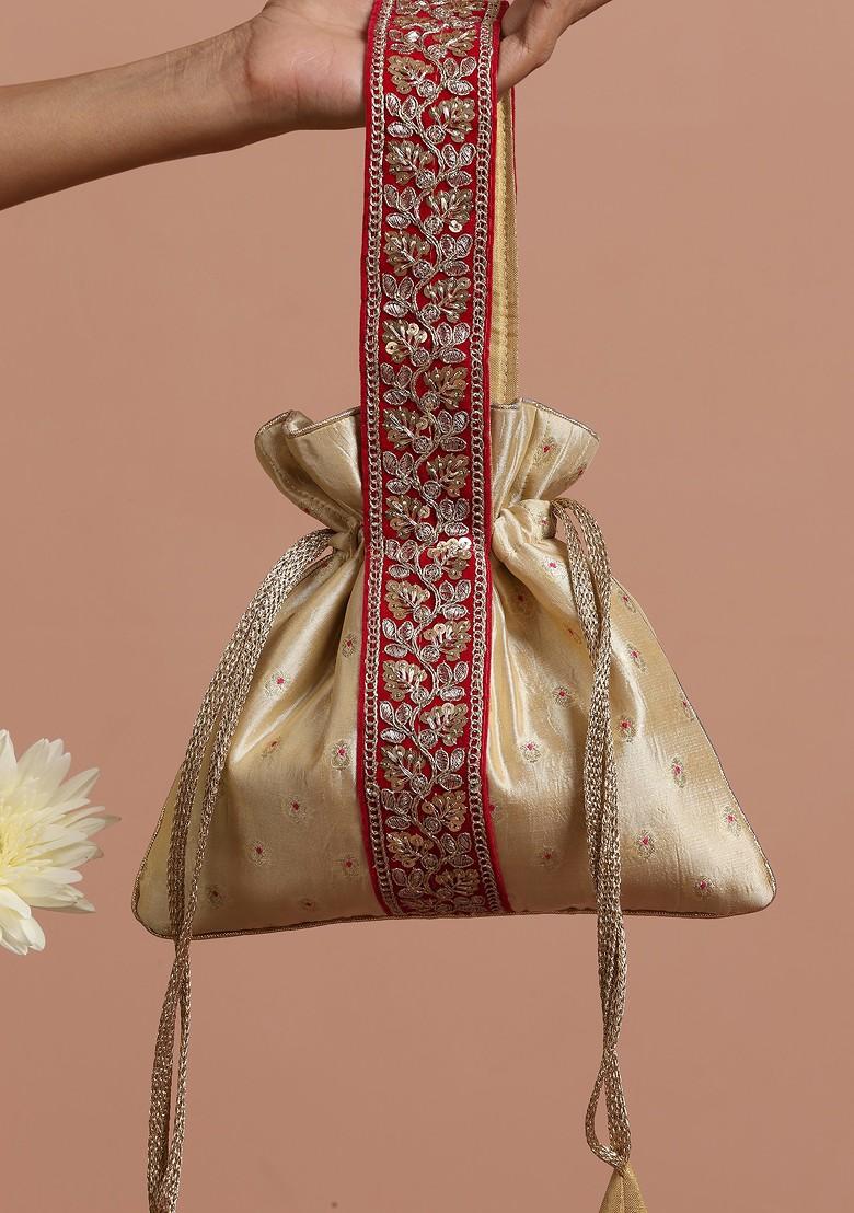 Magenta And Cream Pure Silk Potli Bag
