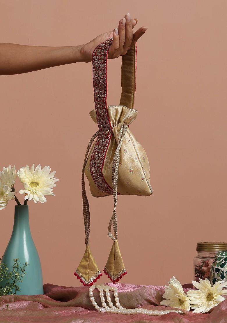 Magenta And Cream Pure Silk Potli Bag