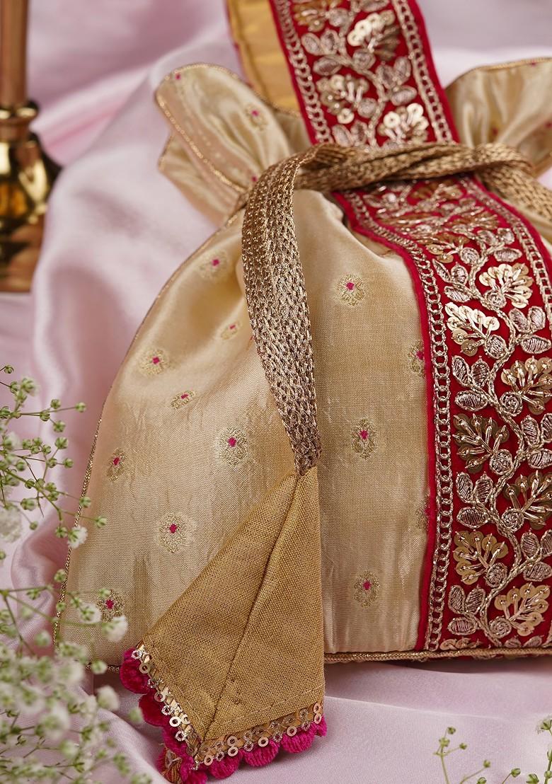 Magenta And Cream Pure Silk Potli Bag