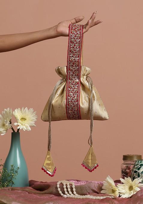 Magenta And Cream Pure Silk Potli Bag