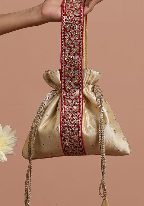 Magenta And Cream Pure Silk Potli Bag