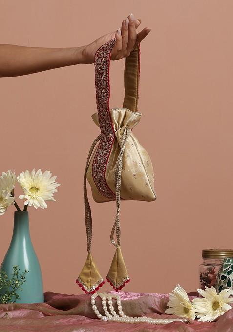 Magenta And Cream Pure Silk Potli Bag