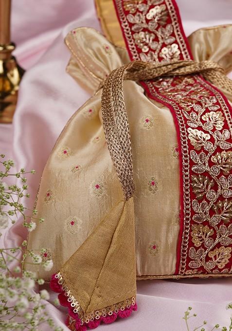 Magenta And Cream Pure Silk Potli Bag