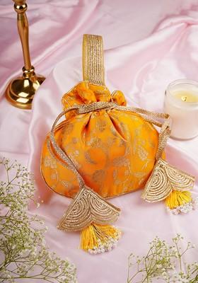 Yellow Pure Silk Brocade Potli Bag