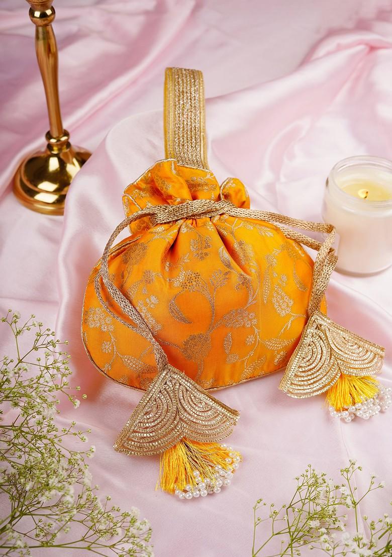 Yellow Pure Silk Brocade Potli Bag