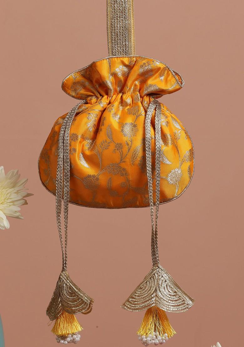 Yellow Pure Silk Brocade Potli Bag