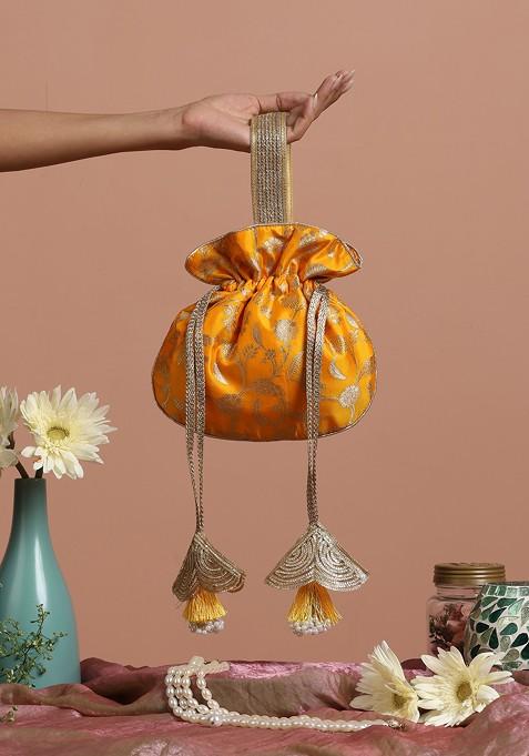 Yellow Pure Silk Brocade Potli Bag