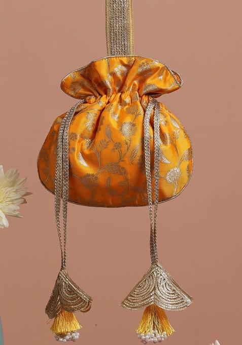 Yellow Pure Silk Brocade Potli Bag