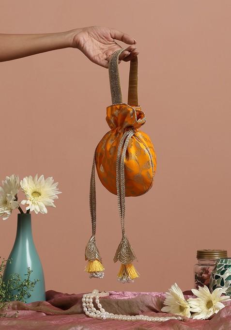 Yellow Pure Silk Brocade Potli Bag