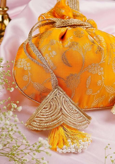 Yellow Pure Silk Brocade Potli Bag