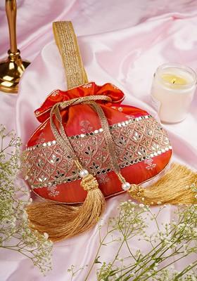 Orange Pure Silk Brocade Potli Bag