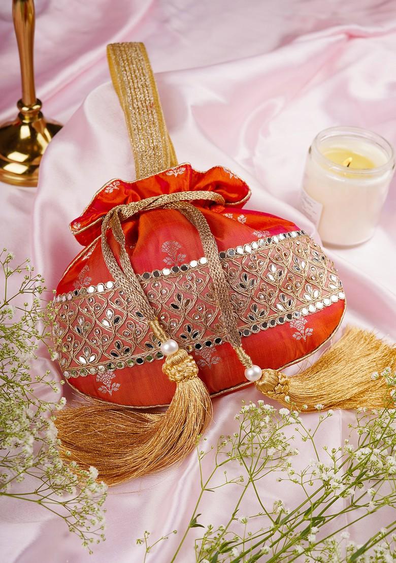 Orange Pure Silk Brocade Potli Bag