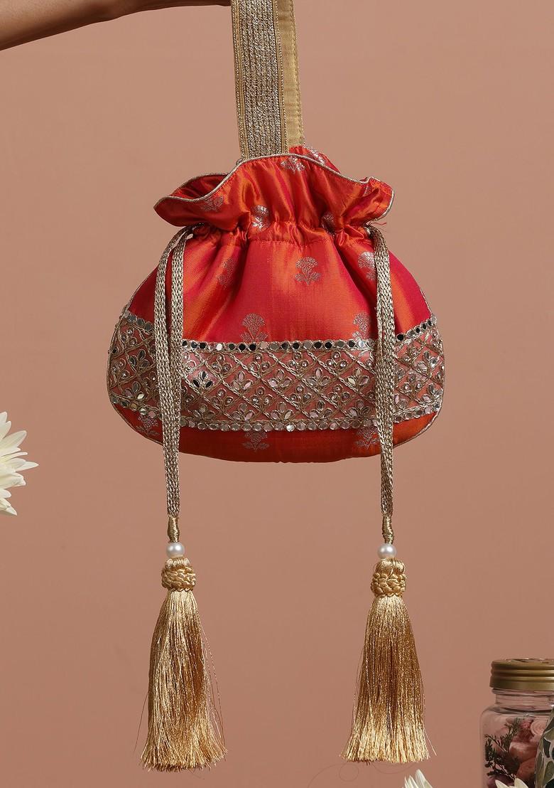 Orange Pure Silk Brocade Potli Bag