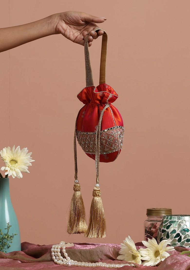 Orange Pure Silk Brocade Potli Bag