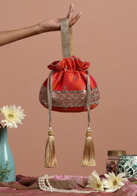 Orange Pure Silk Brocade Potli Bag