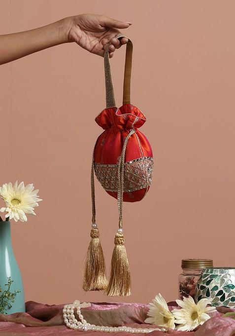 Orange Pure Silk Brocade Potli Bag