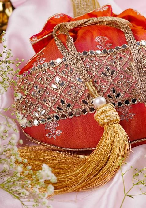 Orange Pure Silk Brocade Potli Bag