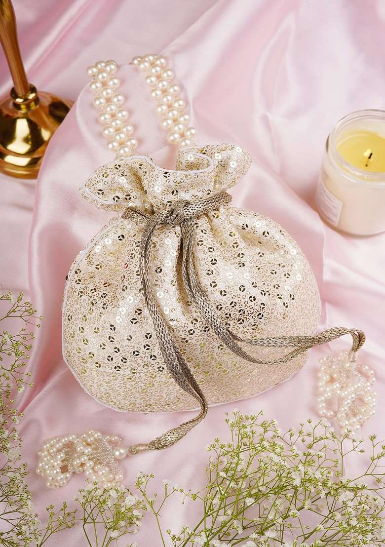 White Georgette With Silver Sequin Embellished Potli Bag - Indya