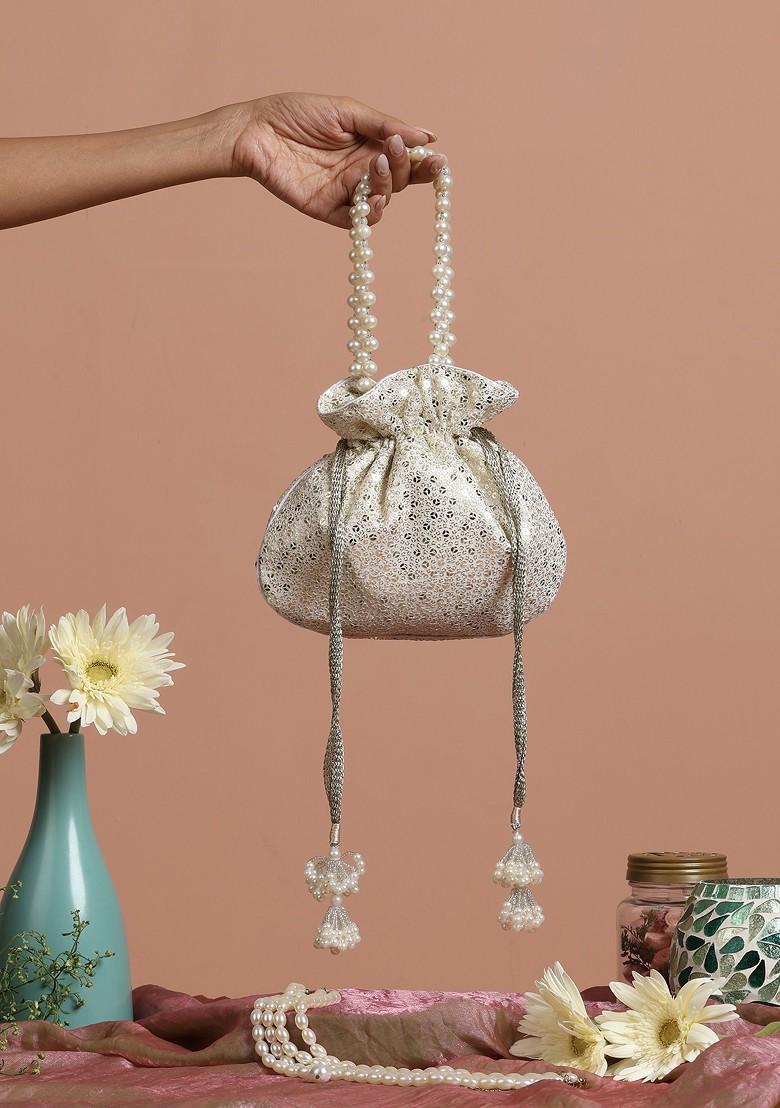 White Georgette With Silver Sequin Embellished Potli Bag