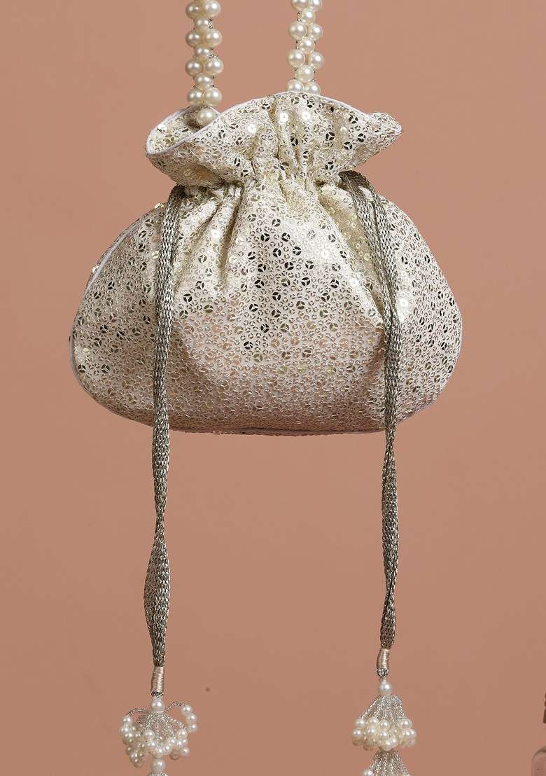 White Georgette With Silver Sequin Embellished Potli Bag - Indya