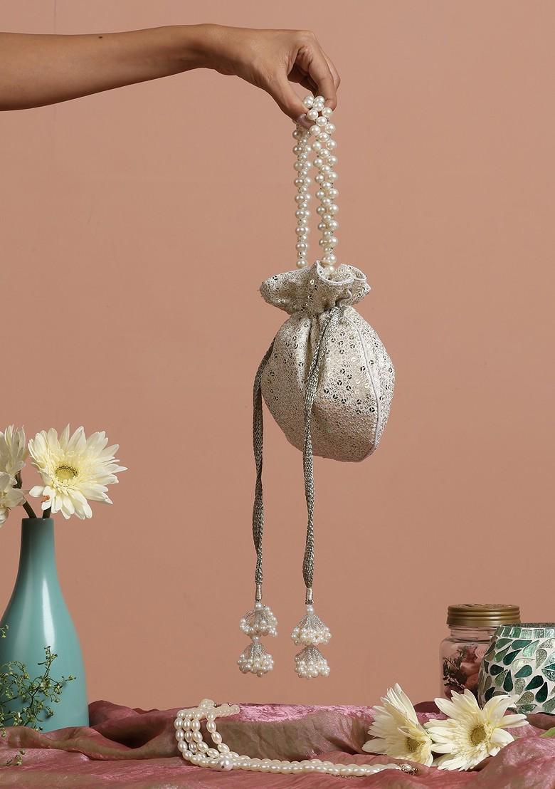 White Georgette With Silver Sequin Embellished Potli Bag