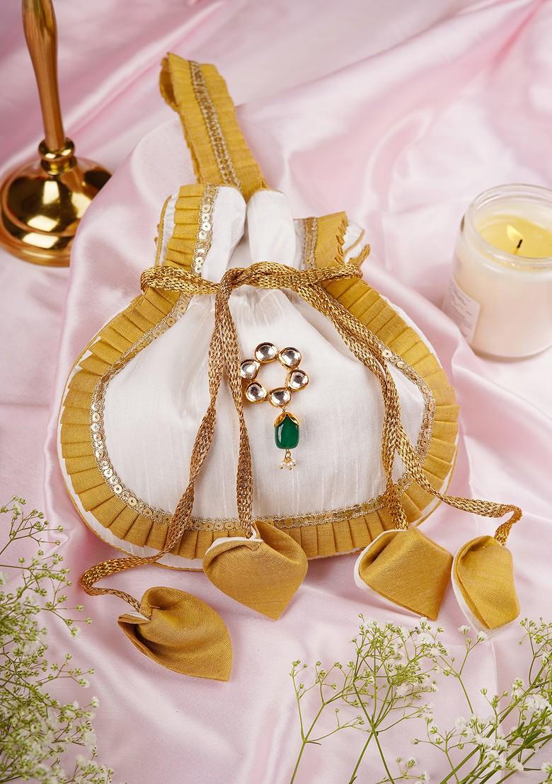 Golden And White Silk Potli Bag