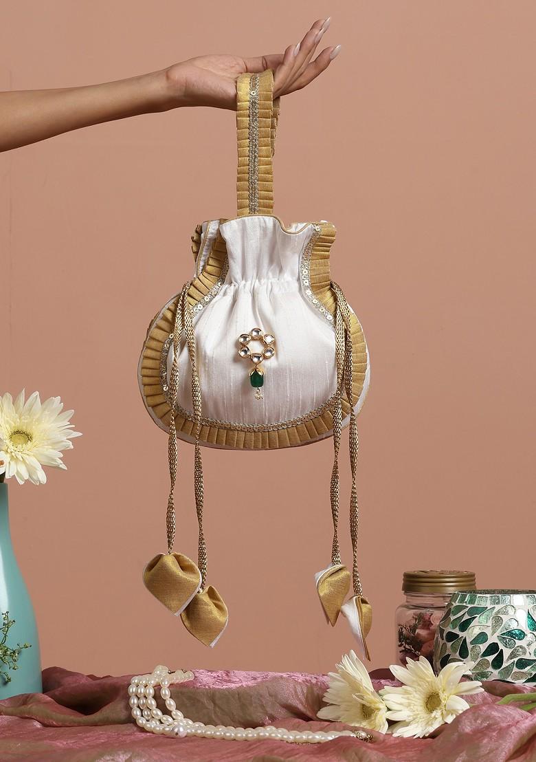 Golden And White Silk Potli Bag