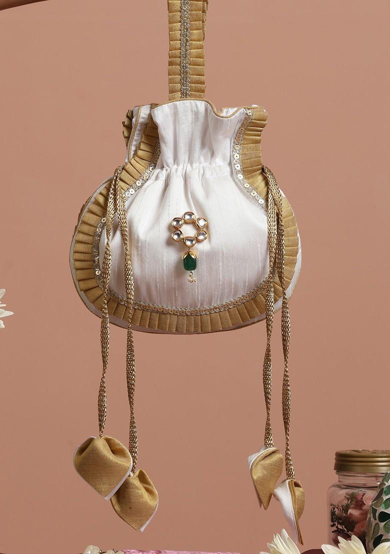 Golden And White Silk Potli Bag