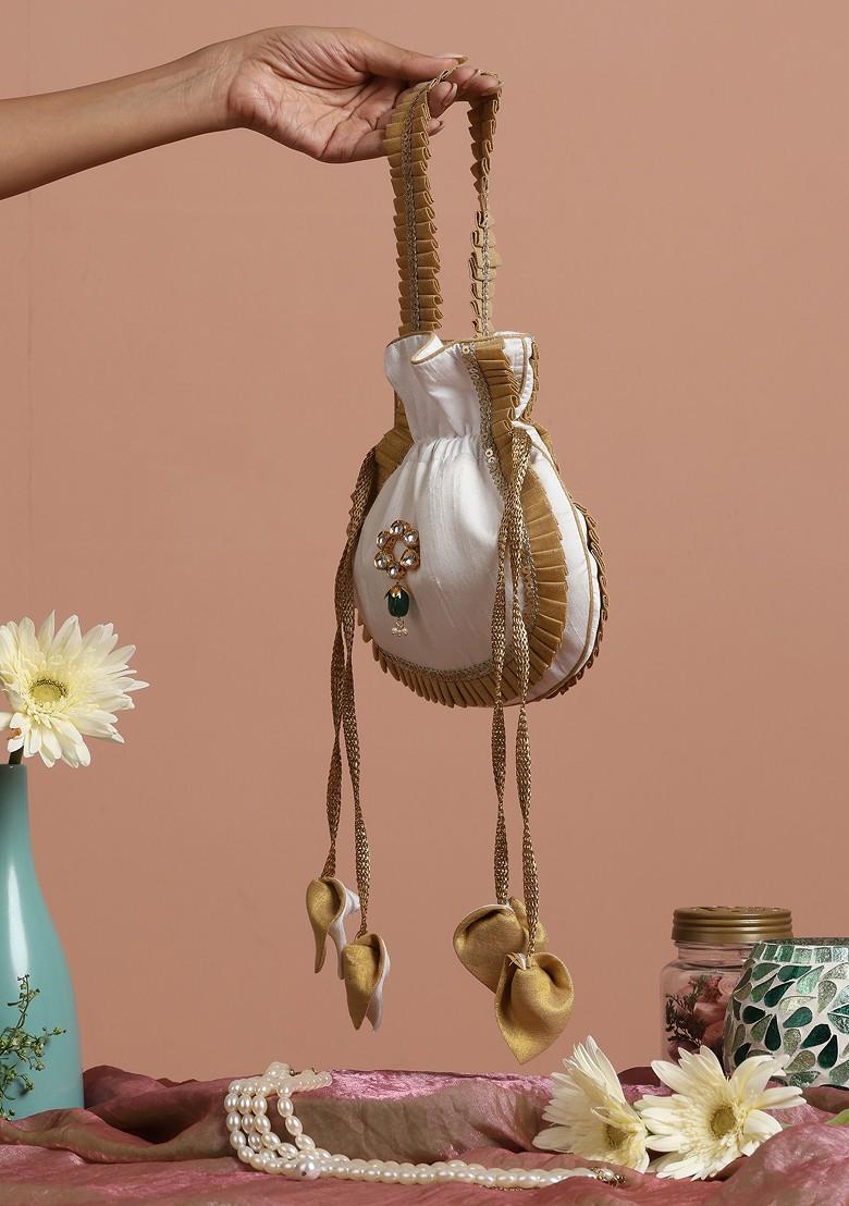 Golden And White Silk Potli Bag