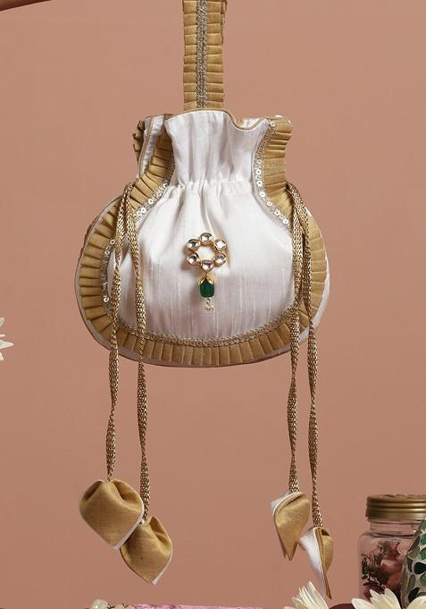 Golden And White Silk Potli Bag