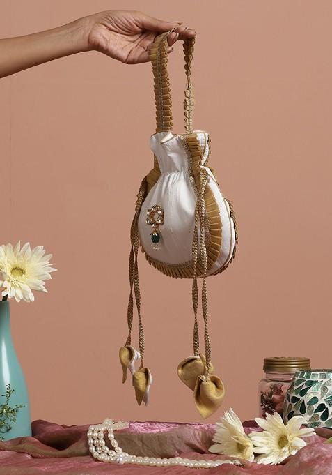 Golden And White Silk Potli Bag