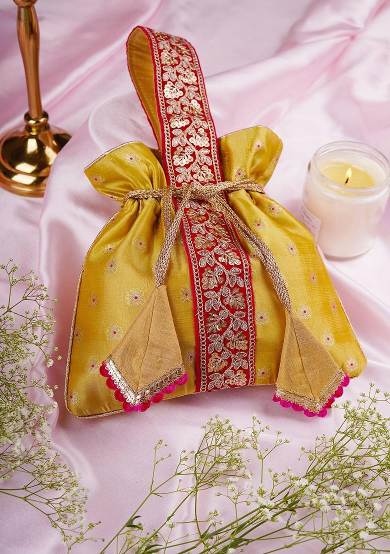 Magenta And Pista Green Pure Silk Potli Bag