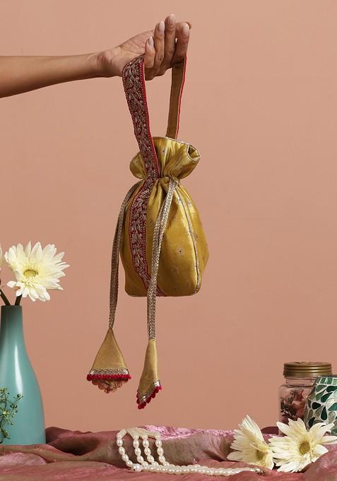 Magenta And Pista Green Pure Silk Potli Bag