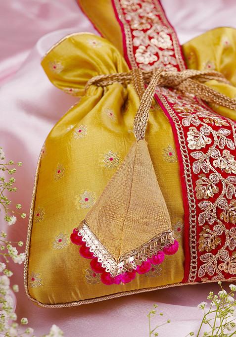 Magenta And Pista Green Pure Silk Potli Bag