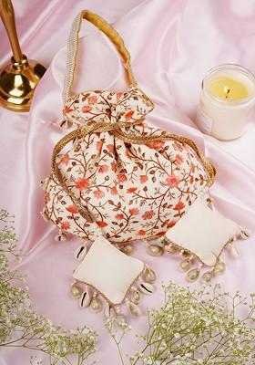Cream And Peach Floral Potli Bag