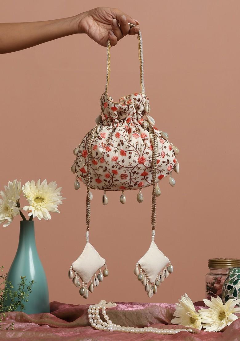 Cream And Peach Floral Potli Bag