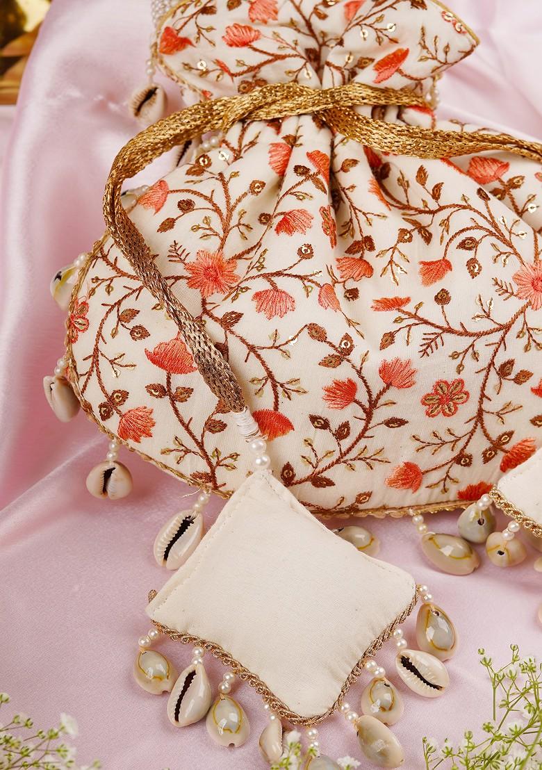 Cream And Peach Floral Potli Bag