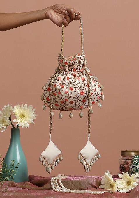 Cream And Peach Floral Potli Bag