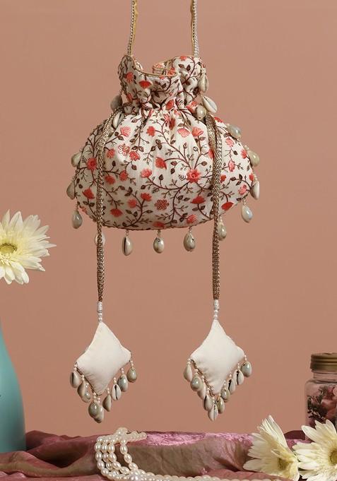 Cream And Peach Floral Potli Bag