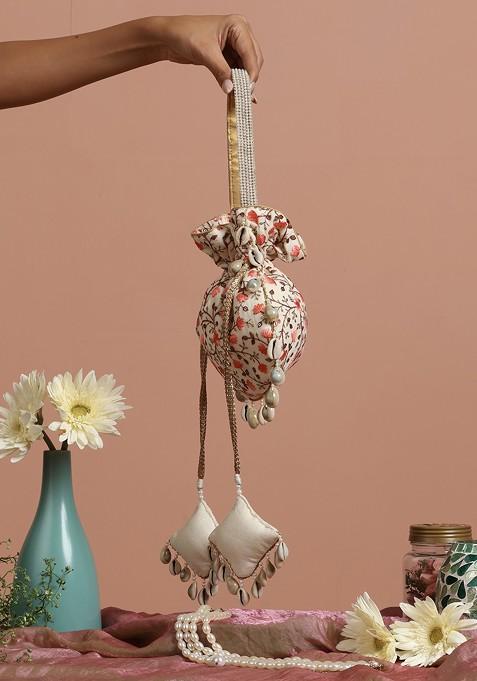 Cream And Peach Floral Potli Bag