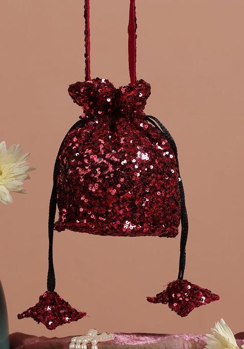 Maroon Sequin Embellished Potli Bag