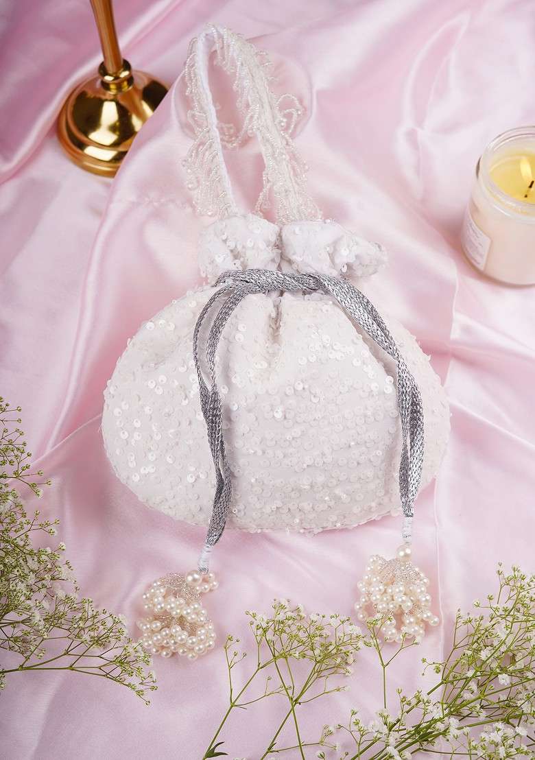 White Georgette With Sequin Embellished Potli Bag - Indya