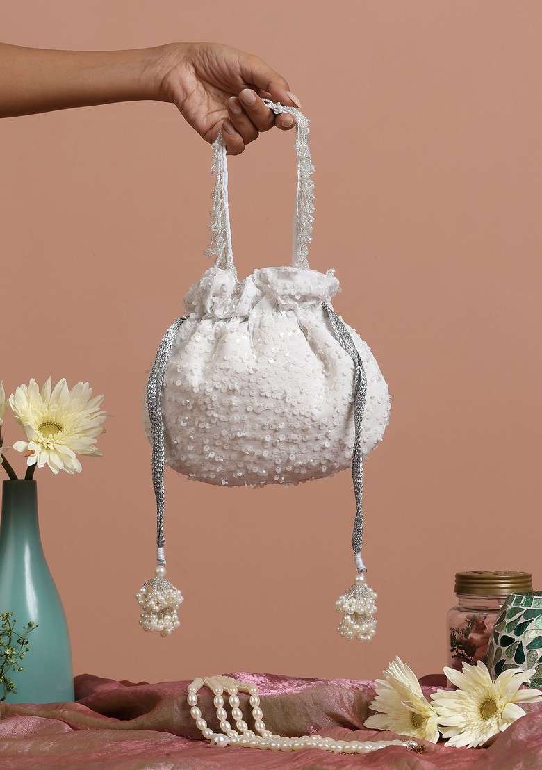 White Georgette With Sequin Embellished Potli Bag - Indya