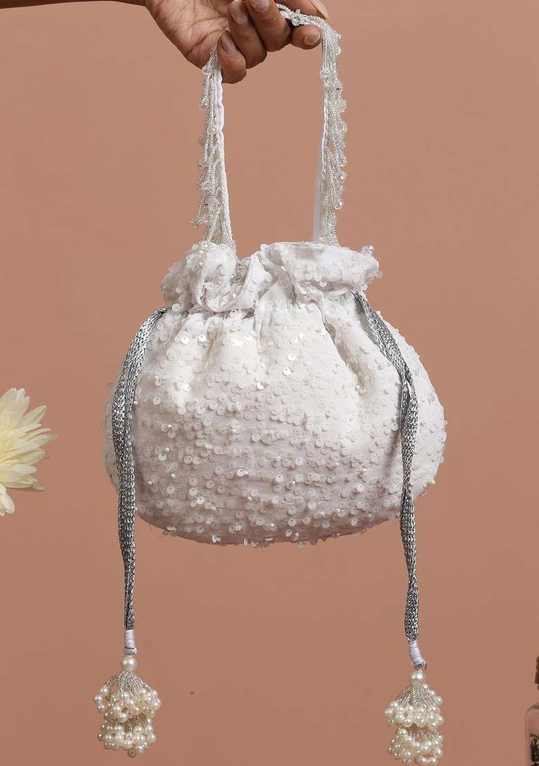 White Georgette With Sequin Embellished Potli Bag - Indya
