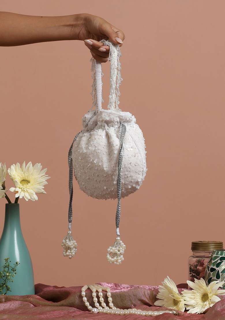 White Georgette With Sequin Embellished Potli Bag - Indya