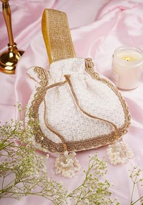White And Golden Sequin Embellished Potli Bag
