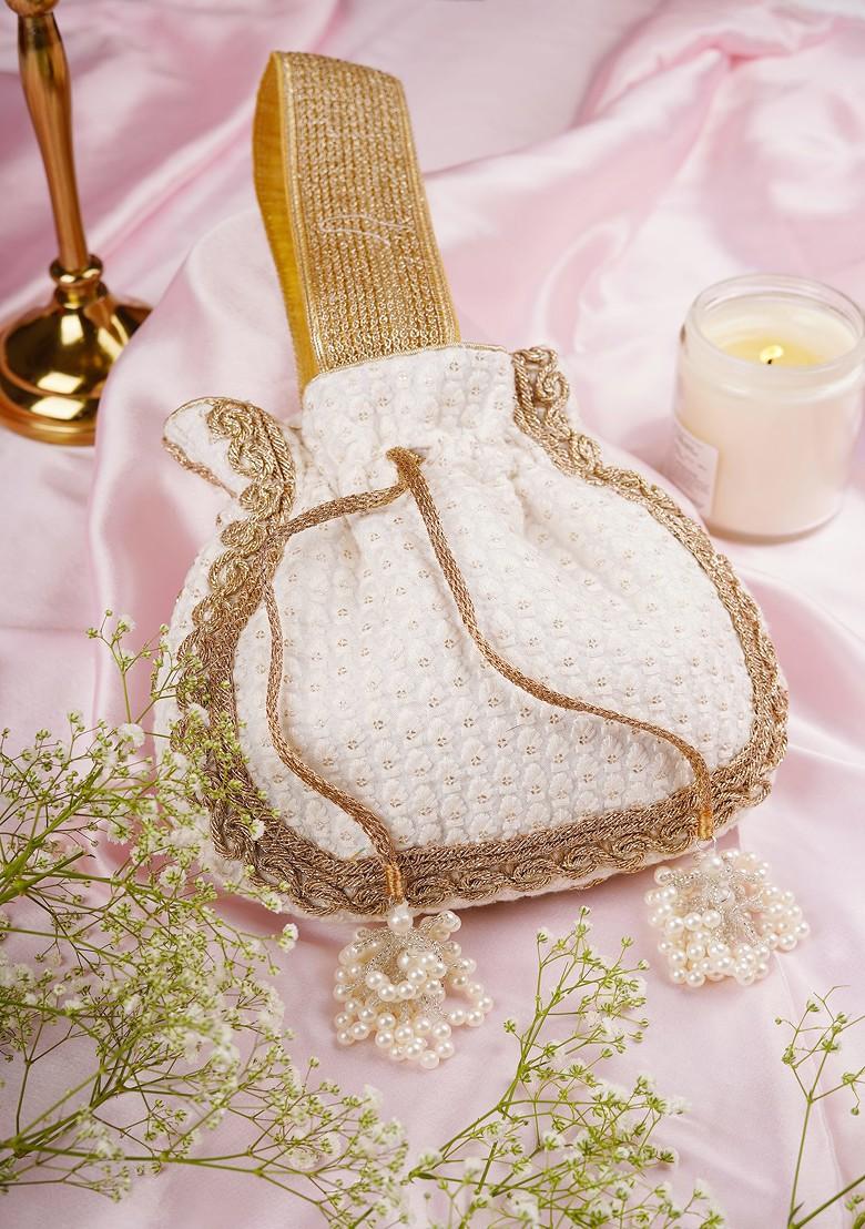 White And Golden Sequin Embellished Potli Bag